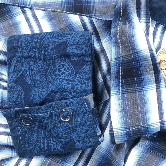 Cowboy Legend Western Shirt Mens  M / L Blue Plaid Pearl Snap Flip‎ Cuff Rodeo - Picture 7 of 13